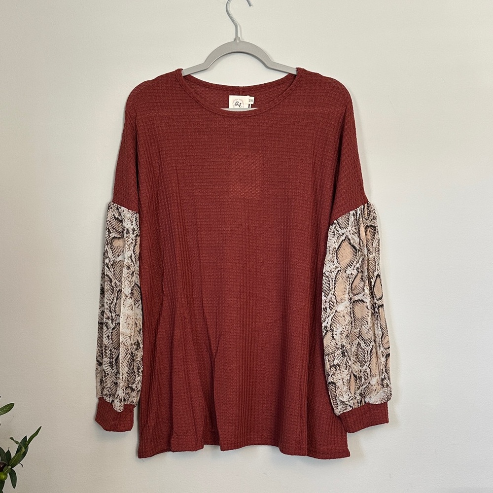 Women's Red Top with Snake Print Sleeves